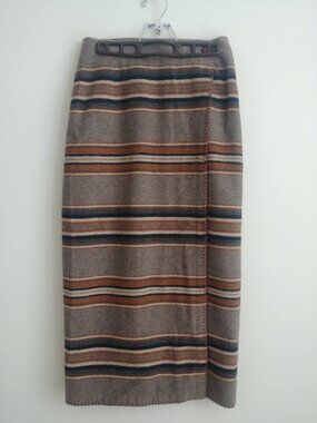 Tristan & Iseut made in Canada wool blend wrap front long brown striped skirt
